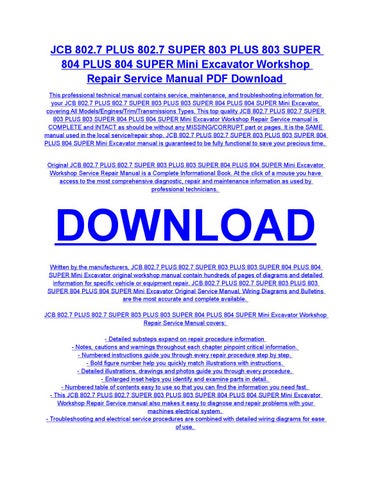 download JCB 802.7 PLUS 802.7 SUPER 803 PLUS 803 SUPER 804 PLUS 804 SUPER Mini Excavator able workshop manual