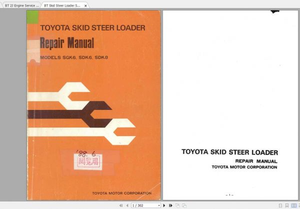 download Toyota Skid Steer Loader SGK6 SDK6 SDK8 workshop manual